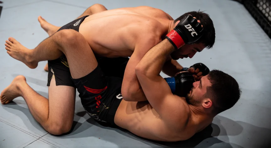 como ser mejor en ufc 5, Dos peleadores en posición de monta en el suelo del octágono aplicando golpes cortos