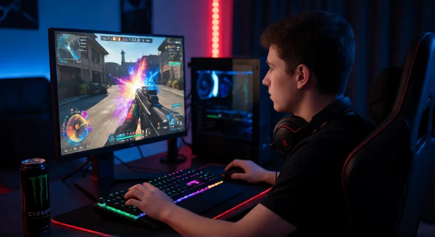como ser mejor en valorant, Gamer entrenando puntería en Valorant con setup de gaming con iluminación RGB
