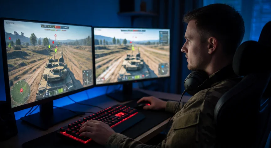 Jugador analizando una partida de War Thunder con dos monitores mostrando combate de tanques