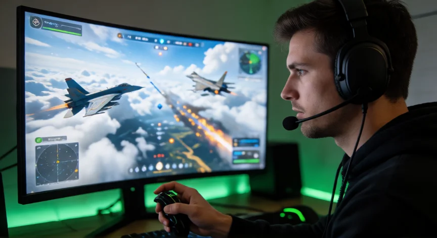 como ser mejor en war thunder, Piloto jugando War Thunder en modo aéreo con joystick y auriculares