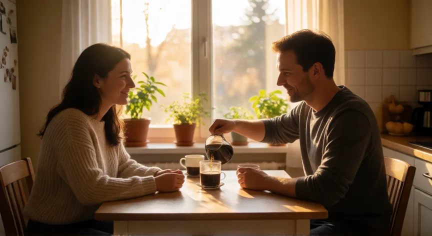 como ser mejor esposo, Pareja tomando café juntos en la cocina con luz matutina, momento de cercanía y calidez