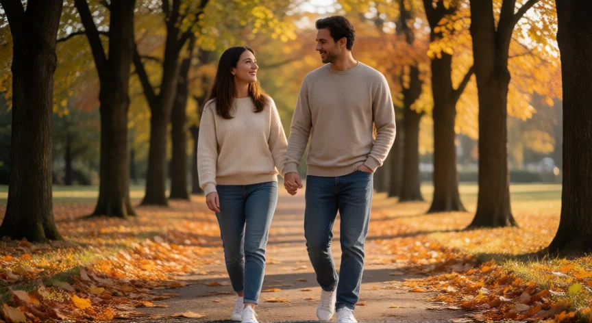 como ser mejor esposo, Pareja dando un paseo de la mano por un parque al atardecer, tiempo de calidad juntos
