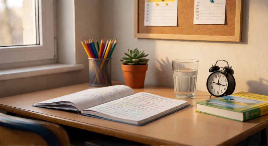 como ser mejor estudiante en la secundaria, Mesa de estudio organizada de un estudiante de secundaria con apuntes, libros y reloj de alarma