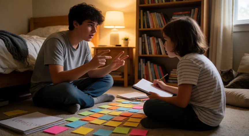como ser mejor estudiante en la secundaria, Adolescente explicando un tema a su hermano menor con tarjetas de repaso en el suelo