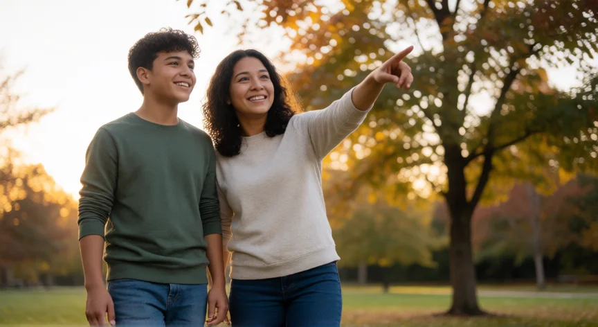 como ser mejor familia, Padre e hijo adolescente caminando y conversando en un parque al atardecer