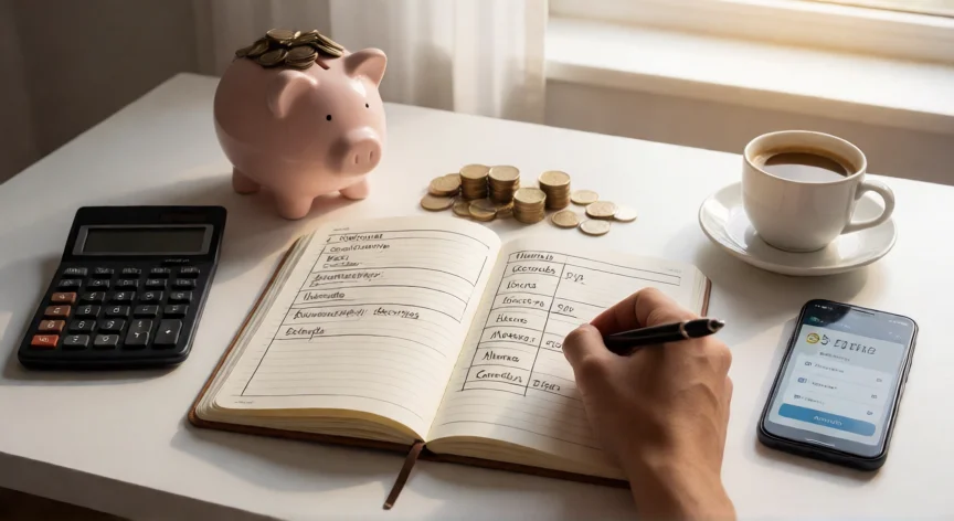 como ser mejor financieramente, Cuaderno de presupuesto personal sobre escritorio con calculadora y hucha de monedas
