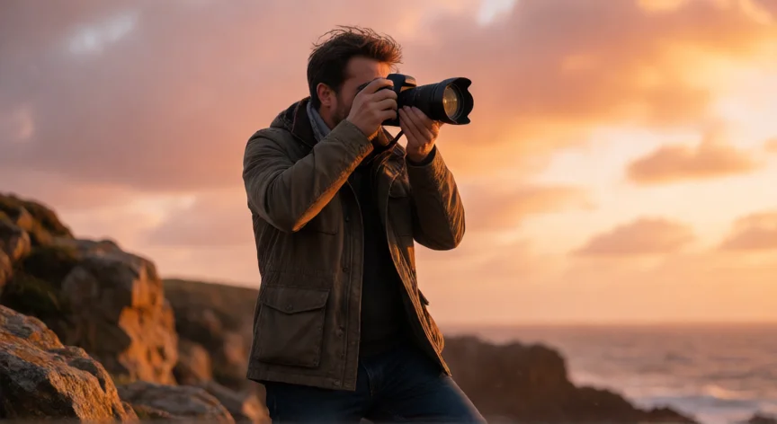 Fotógrafo en la hora dorada tomando fotos desde un acantilado costero con luz cálida