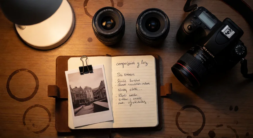 como ser mejor fotografo, Mesa de trabajo de un fotógrafo con cámara, objetivos y cuaderno de apuntes de composición