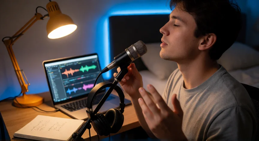 como ser mejor freestyler, Freestyler practicando improvisación con micrófono en su estudio casero