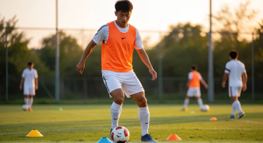 como ser mejor futbolista, Jugador de fútbol entrenando control de balón entre conos al atardecer