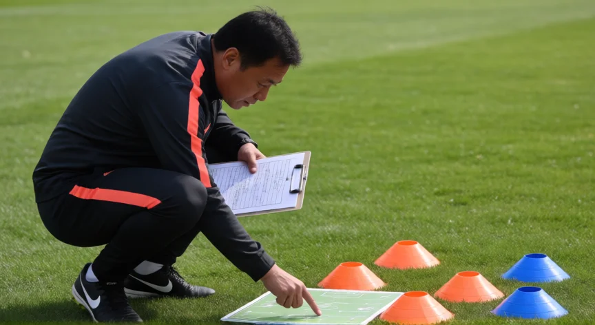como ser mejor futbolista, Entrenador de fútbol explicando tácticas con conos en el campo
