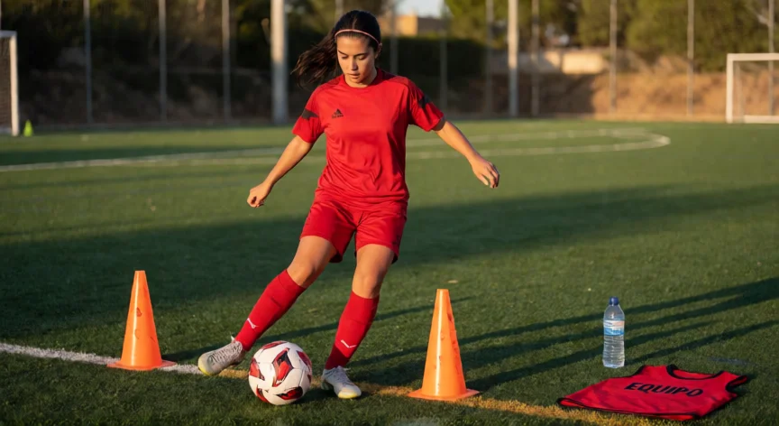como ser mejor futbolista mujer, Futbolista mujer entrenando control de balón entre conos en un campo de césped artificial al atardecer