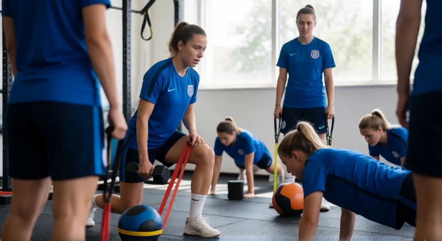 como ser mejor futbolista mujer, Grupo de futbolistas mujeres realizando sesión de fuerza y core en el gimnasio del club