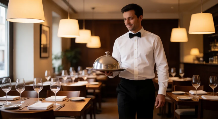 Garzón profesional sirviendo en restaurante de alta gama con bandeja y platina