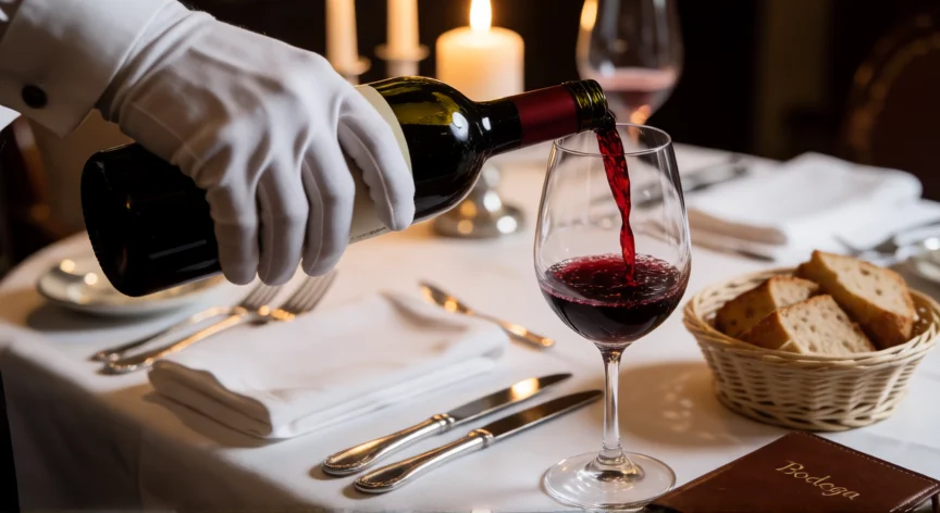 como ser mejor garzon, Servicio de vino por un garzón en mesa elegante con mantel blanco y velas