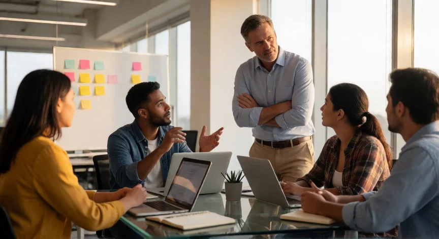 Gerente escuchando activamente a su equipo en una reunión informal de oficina moderna