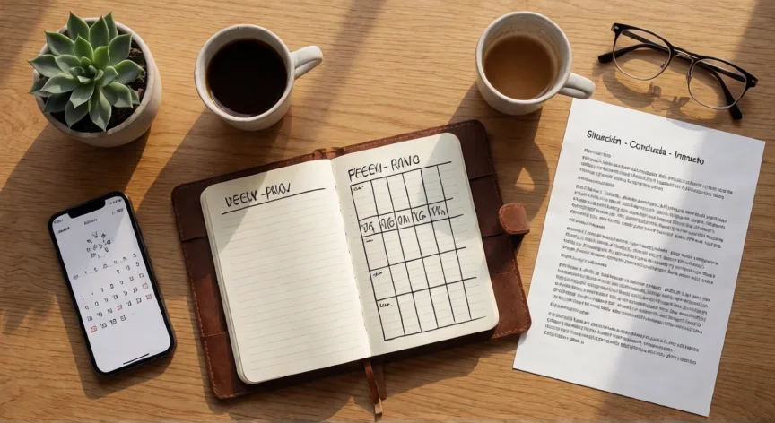como ser mejor gerente, Mesa de escritorio del gerente con cuaderno de planificación y notas de feedback SBI
