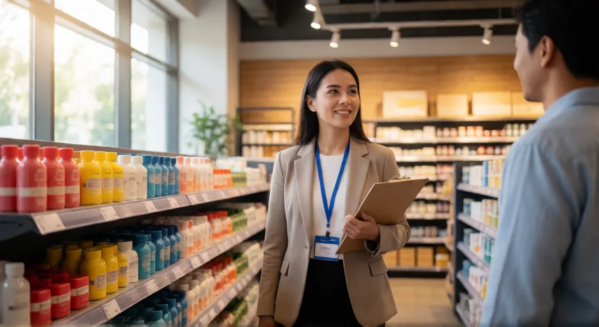 como ser mejor gerente de tienda, Gerente de tienda recorriendo los pasillos y atendiendo a un cliente