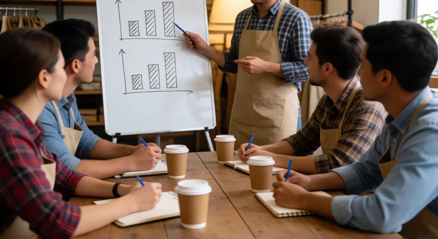 como ser mejor gerente de tienda, Equipo de tienda en reunión breve de planificación con el gerente