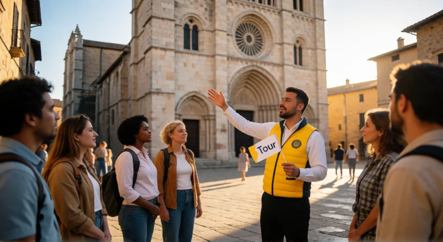 como ser mejor guía turístico, Guía turístico explicando historia ante grupo de visitantes en plaza medieval europea