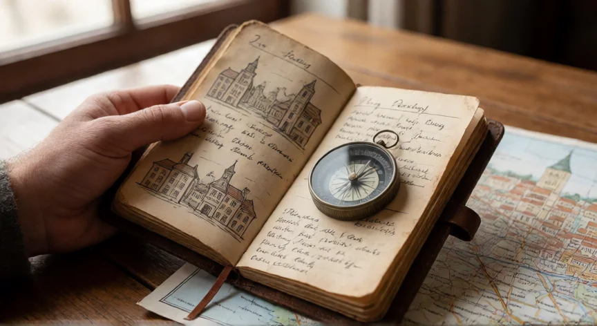 como ser mejor guía turístico, Cuaderno de campo del guía turístico con apuntes, brújula y mapa de la ciudad