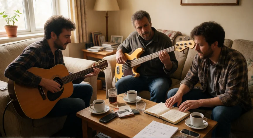 como ser mejor guitarrista, Sesión informal de música entre amigos en un salón con guitarra y bajo