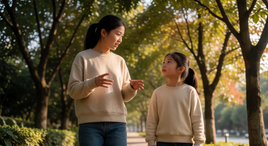 como ser mejor hermana mayor, Hermanas mayores caminando y conversando en un paseo al aire libre
