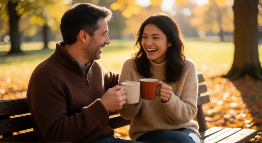 como ser mejor hermano, Hermanos adultos compartiendo un café y riendo en un parque de otoño