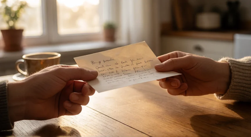 como ser mejor hermano, Mano entregando una carta escrita a mano en una mesa de cocina iluminada por la mañana