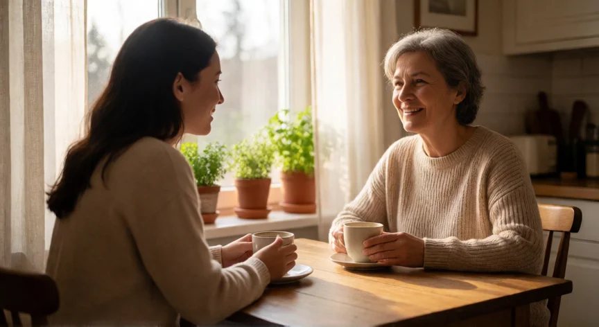 como ser mejor hija, Hija y madre compartiendo un café y conversando con atención en la cocina