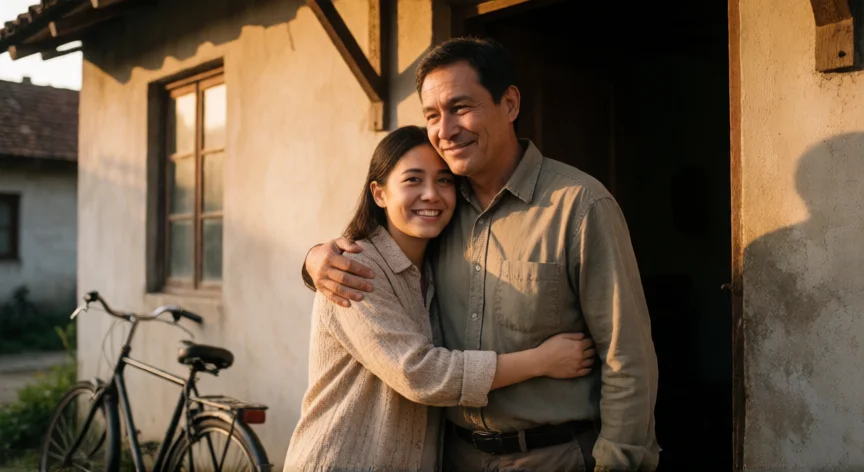 como ser mejor hija, Hija abrazando a su padre con ternura en la puerta de casa al atardecer