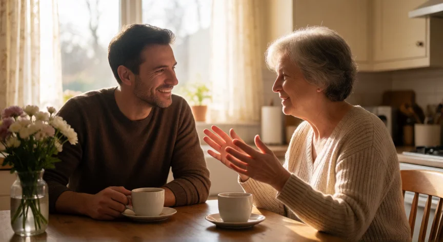 como ser mejor hijo con mi madre, Hijo escuchando atentamente a su madre mientras toman café juntos en la cocina