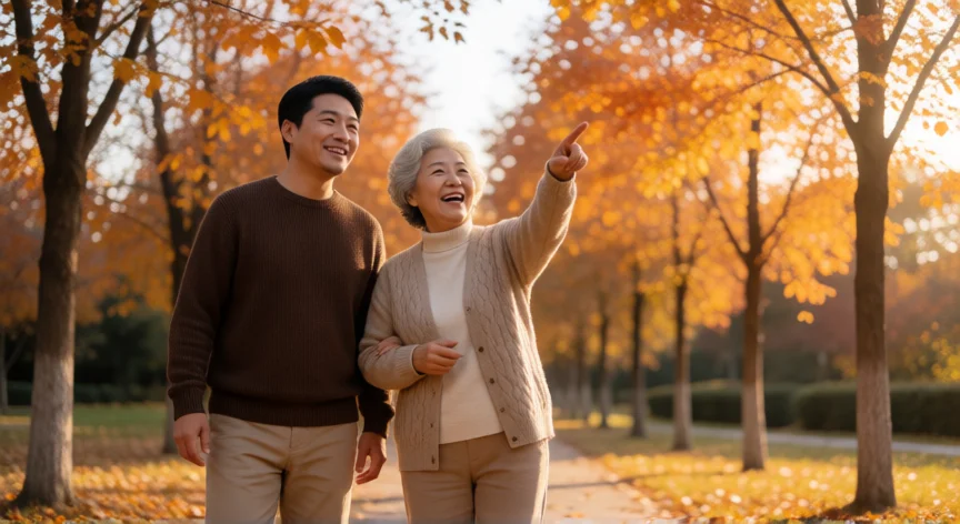 como ser mejor hijo con mi madre, Hijo y madre paseando juntos por un parque otoñal conversando con alegría
