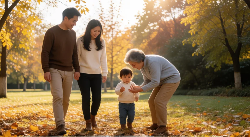 como ser mejor hijo con mis padres, Familia multi-generacional paseando por el parque en otoño