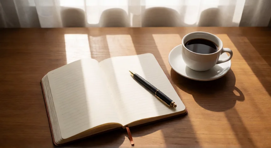 como ser mejor hombre, Cuaderno de reflexión con café en una mesa de madera, hábito de diario personal