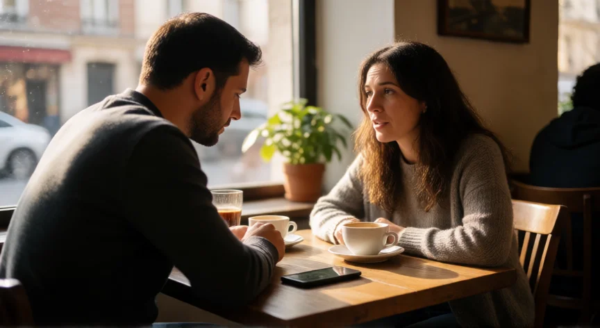 Hombre escuchando atentamente a su pareja en una cafetería, con el teléfono boca abajo sobre la mesa