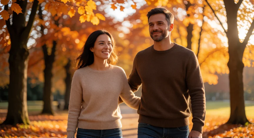 como ser mejor hombre con tu pareja, Pareja caminando juntos por un sendero otoñal con luz dorada del atardecer, conectados y en paz