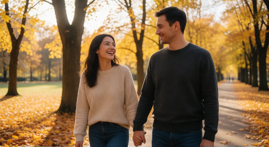 como ser mejor hombre para mi esposa, Pareja paseando de la mano por un parque otoñal, riendo juntas