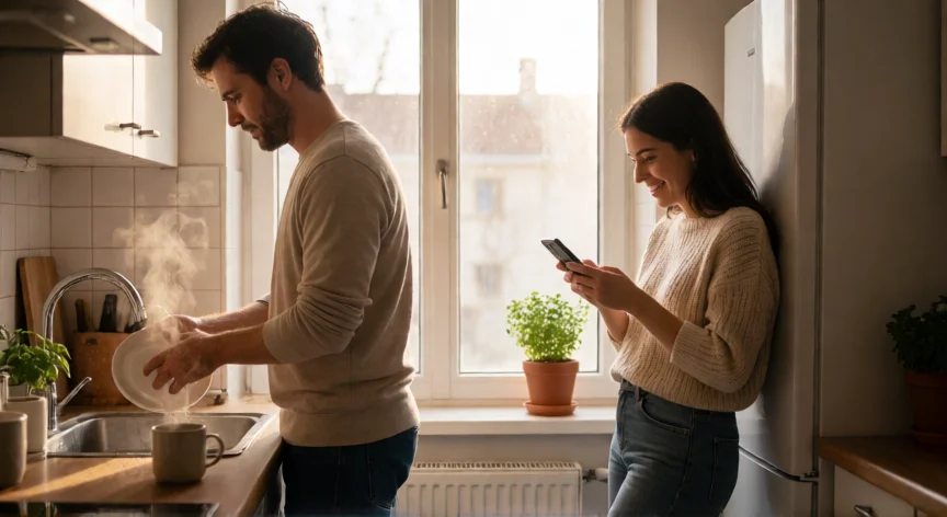 como ser mejor hombre para mi novia, Hombre lavando platos mientras su pareja sonríe en la cocina, escena doméstica cotidiana