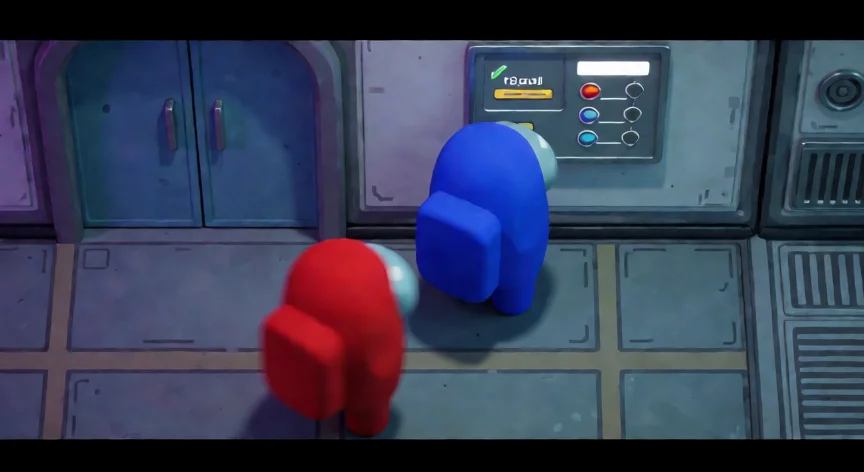 como ser mejor impostor, Personaje rojo impostor espiando a un jugador azul en un pasillo de nave espacial estilo Among Us