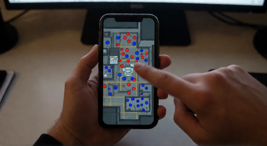 como ser mejor impostor en among us, Mano señalando el mapa de The Skeld en Among Us en un móvil