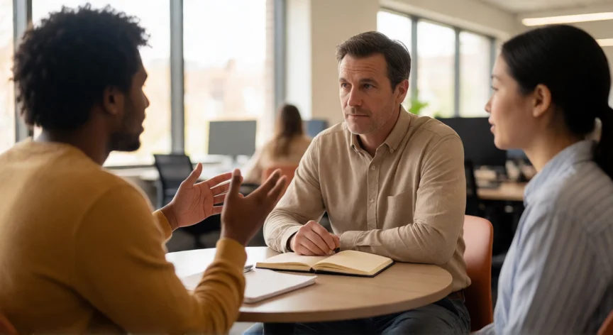 como ser mejor jefe, Jefe escuchando activamente a sus empleados en una reunión uno a uno en la oficina