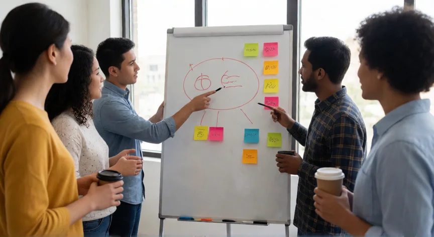 como ser mejor jefe, Equipo de trabajo colaborando alrededor de una pizarra con notas adhesivas en una oficina creativa