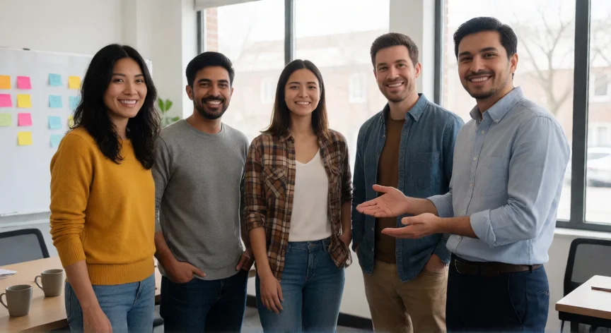 como ser mejor jefe en el trabajo, Equipo de trabajo unido y motivado en una oficina moderna