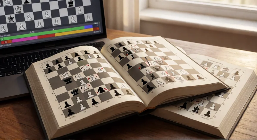 como ser mejor jugador de ajedrez, Libro de finales de ajedrez y análisis con motor en portátil sobre escritorio