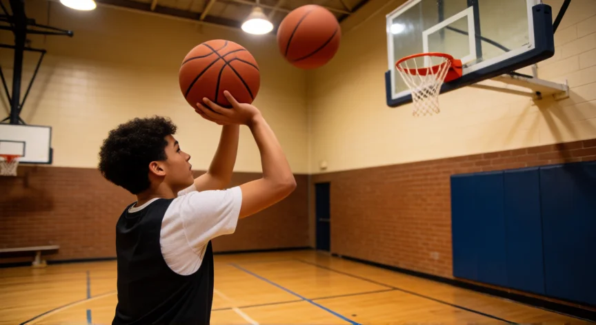 como ser mejor jugador de baloncesto, Jugador de baloncesto practicando tiros libres con buena técnica en un pabellón