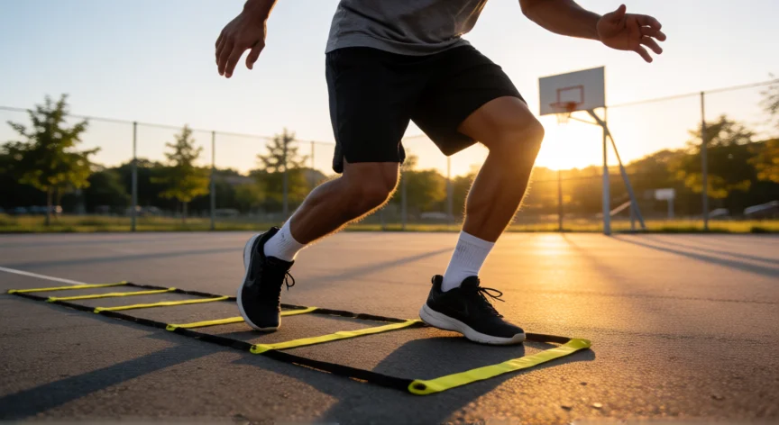 como ser mejor jugador de baloncesto, Jugador realizando ejercicios de agilidad con una escalera de coordinación en cancha exterior