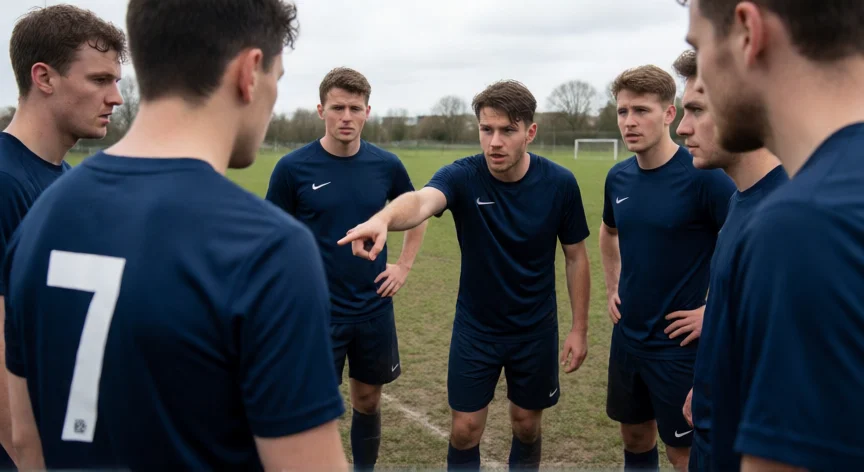 como ser mejor jugador de futbol, Equipo de fútbol en tiempo muerto escuchando instrucciones tácticas del capitán durante un partido amateur