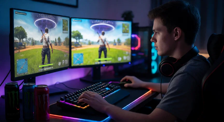 Jugador de Fortnite concentrado en su setup de gaming con iluminación RGB durante la práctica de puntería