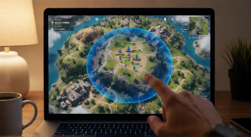 como ser mejor jugador en fortnite, Vista del mapa de Fortnite en pantalla mostrando la tormenta cerrándose y la planificación de rotación